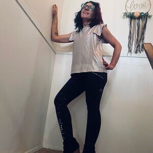 Custom DYNDNM Kate Upcycled Size 27 Black + White Paint Splatter Motto Jeggings